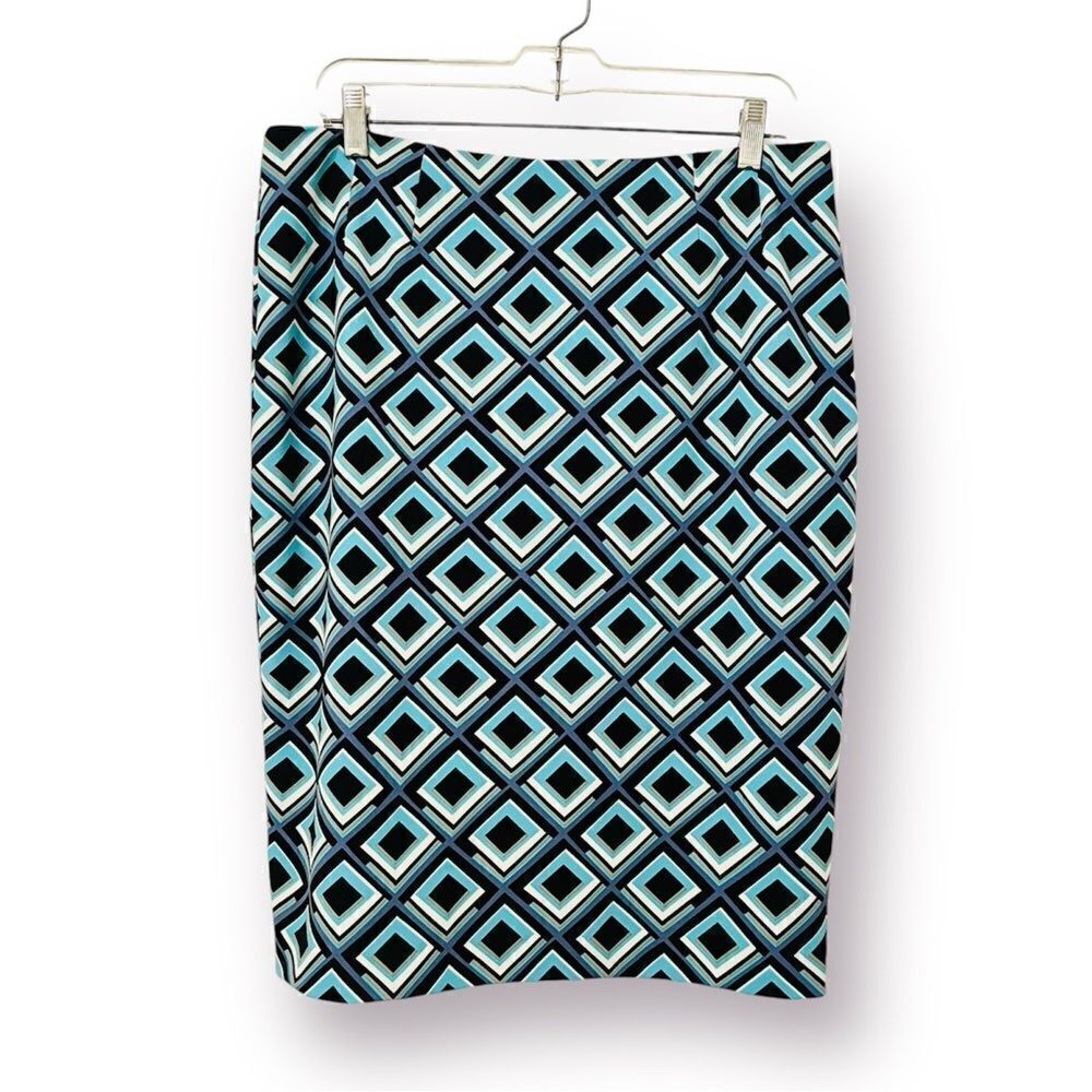 KASPER Abstract Print Pencil Skirt Back Slit Navy Blue Teal 10